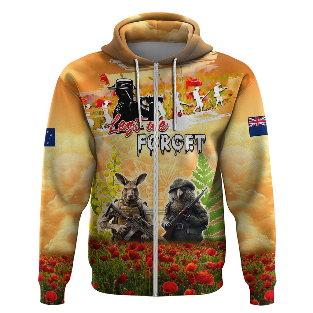 Australia And New Zealand ANZAC Day Zip Hoodie Kangaroo And Kiwi Bird Soldiers Lest We Forget LT05 Zip Hoodie Yellow - Polynesian Pride