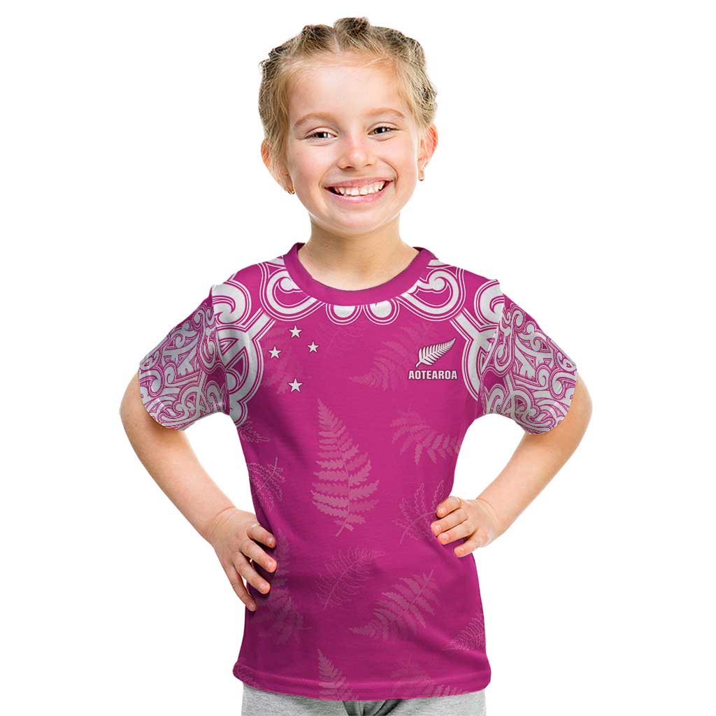 New Zealand Fern Women Rugby Custom Kid T Shirt Pink Maori Pattern LT05 Pink - Polynesian Pride