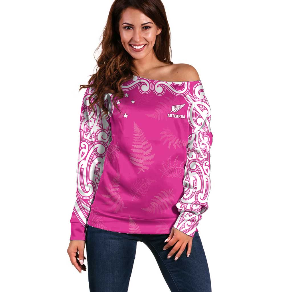 New Zealand Fern Women Rugby Custom Off Shoulder Sweater Pink Maori Pattern