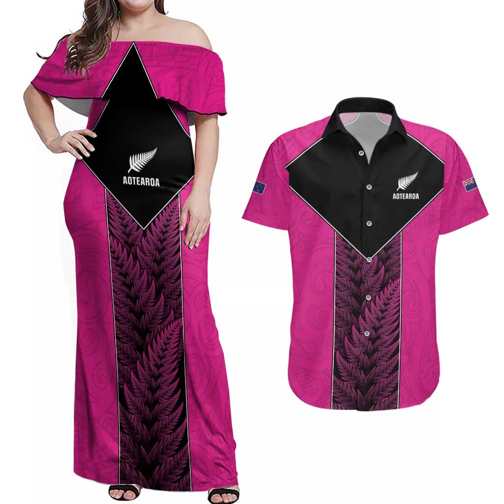 New Zealand Fern Rugby Custom Couples Matching Off Shoulder Maxi Dress and Hawaiian Shirt Pink Maori Pattern