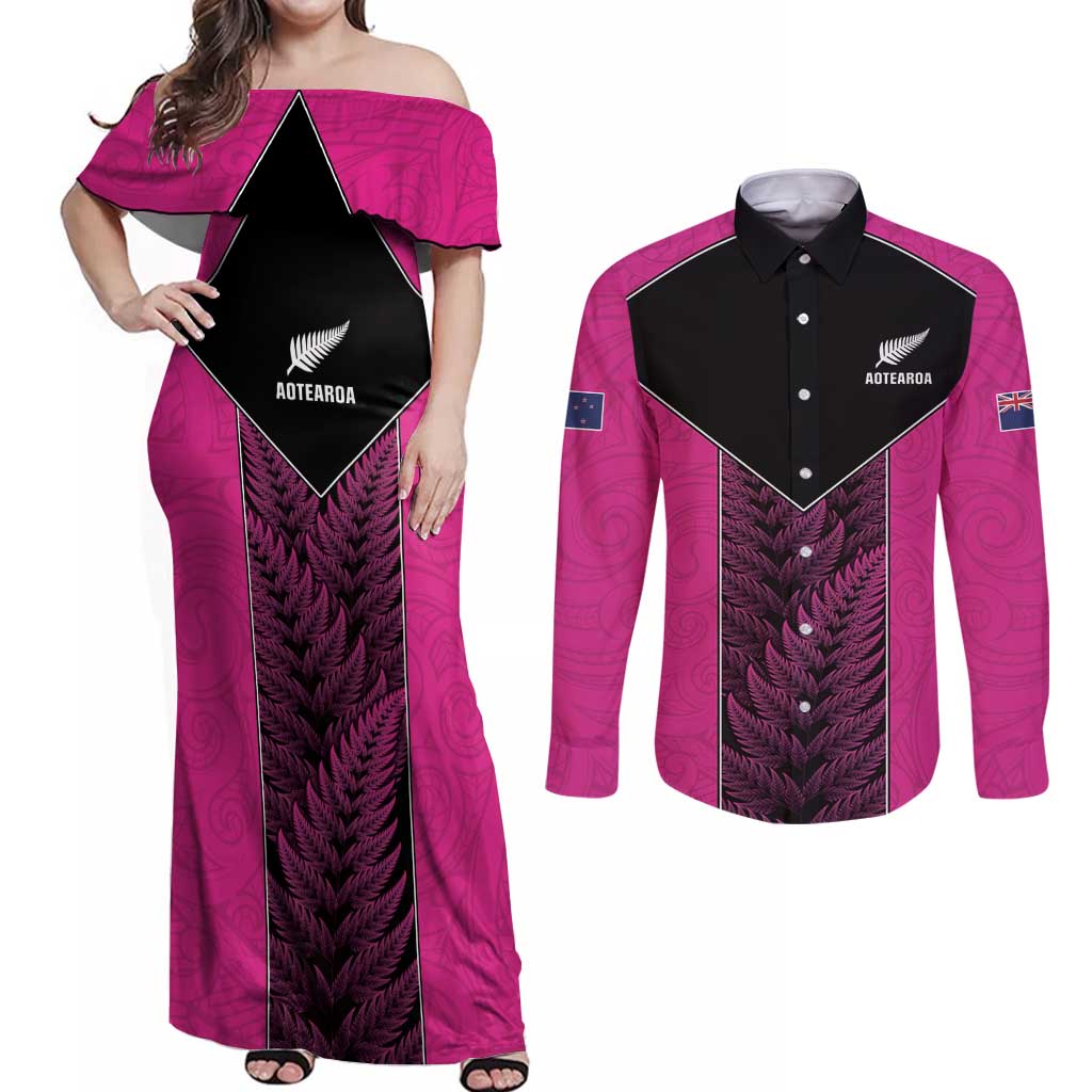 New Zealand Fern Rugby Custom Couples Matching Off Shoulder Maxi Dress and Long Sleeve Button Shirt Pink Maori Pattern