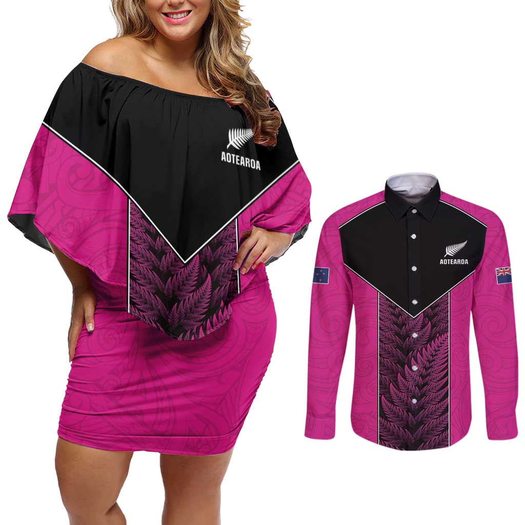 New Zealand Fern Rugby Custom Couples Matching Off Shoulder Short Dress and Long Sleeve Button Shirt Pink Maori Pattern