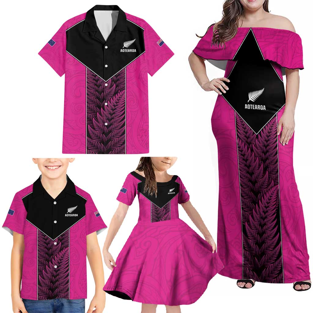 New Zealand Fern Rugby Custom Family Matching Off Shoulder Maxi Dress and Hawaiian Shirt Pink Maori Pattern