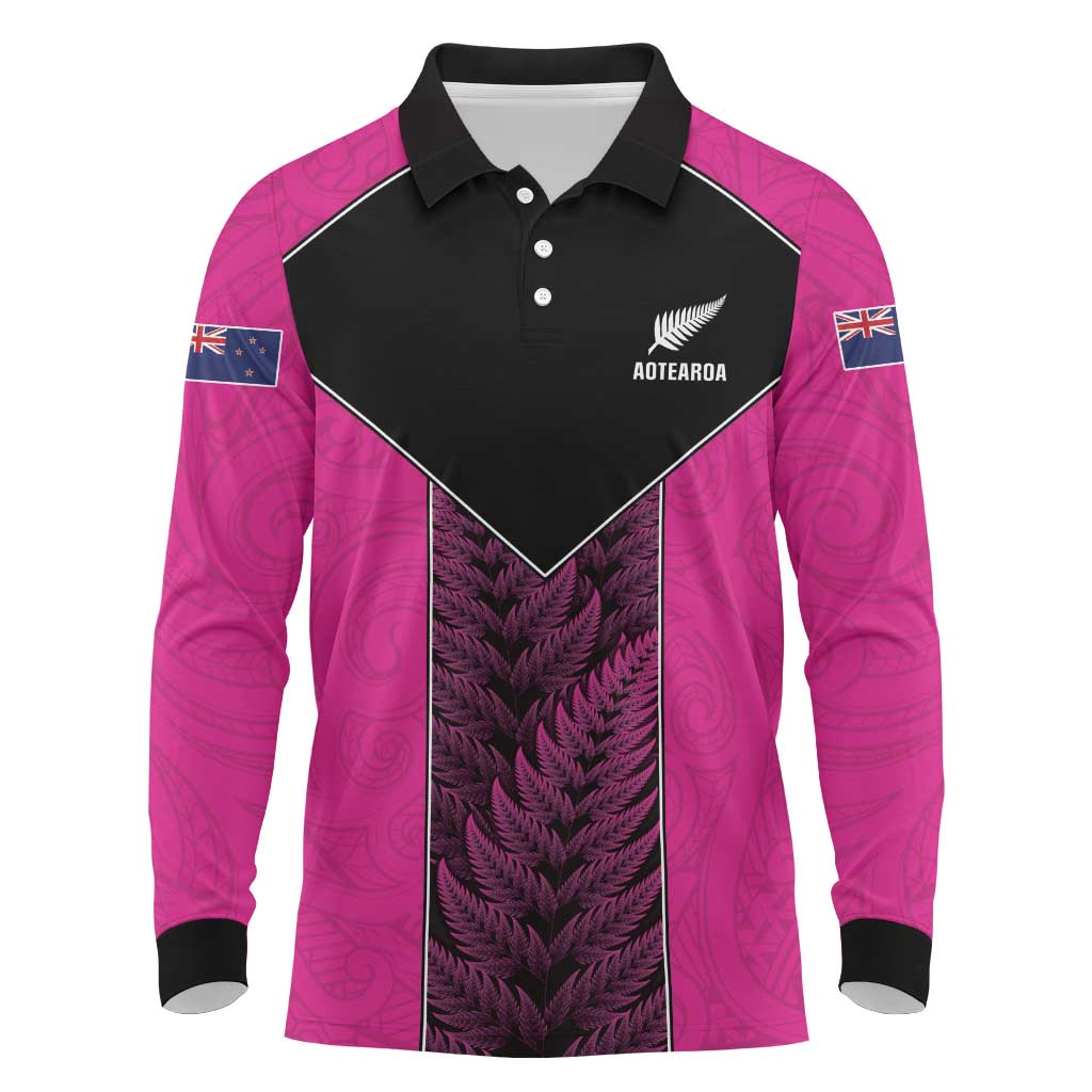 New Zealand Fern Rugby Custom Long Sleeve Polo Shirt Pink Maori Pattern LT05 Pink - Polynesian Pride