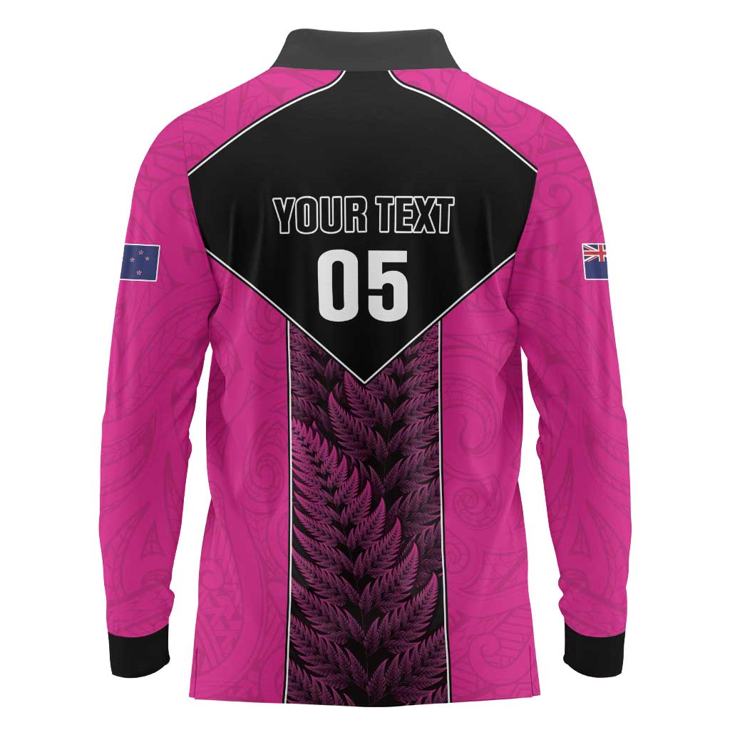 New Zealand Fern Rugby Custom Long Sleeve Polo Shirt Pink Maori Pattern LT05 - Polynesian Pride