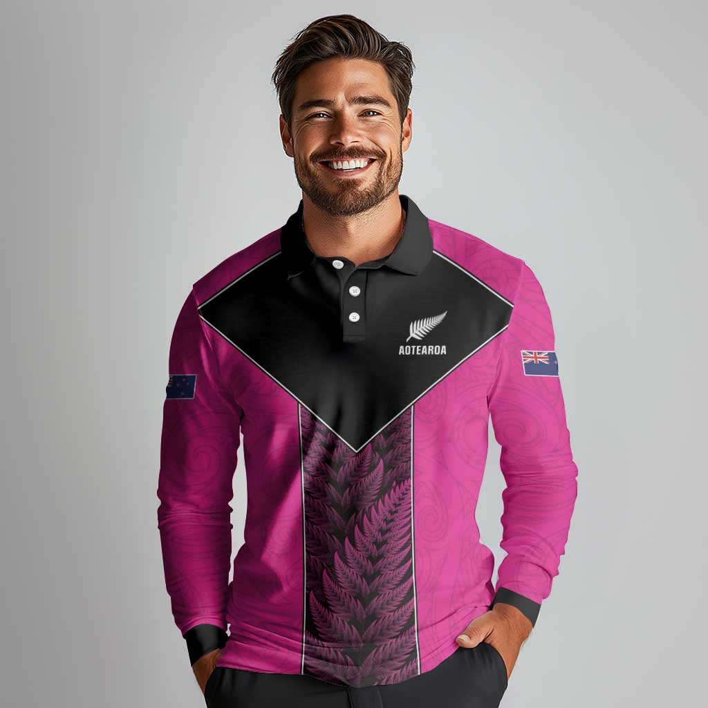 New Zealand Fern Rugby Custom Long Sleeve Polo Shirt Pink Maori Pattern LT05 - Polynesian Pride