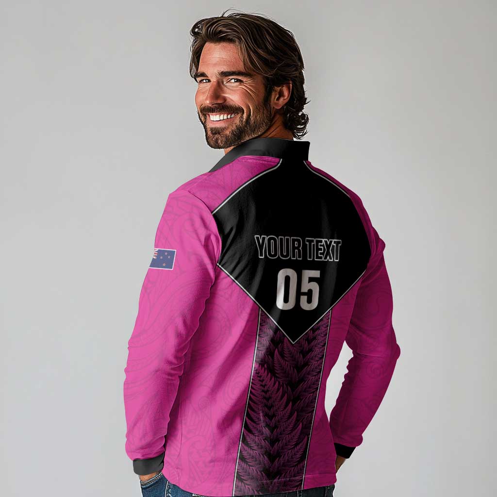 New Zealand Fern Rugby Custom Long Sleeve Polo Shirt Pink Maori Pattern LT05 - Polynesian Pride