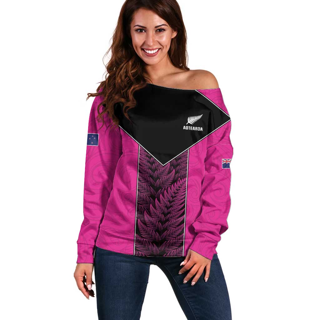 New Zealand Fern Rugby Custom Off Shoulder Sweater Pink Maori Pattern LT05 Women Pink - Polynesian Pride