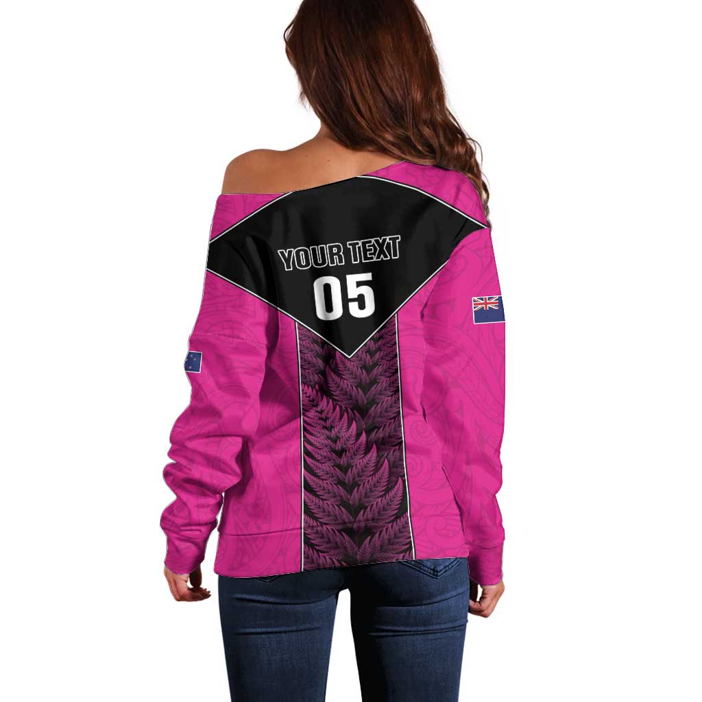 New Zealand Fern Rugby Custom Off Shoulder Sweater Pink Maori Pattern LT05 - Polynesian Pride