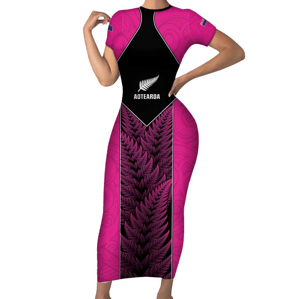 New Zealand Fern Rugby Custom Short Sleeve Bodycon Dress Pink Maori Pattern