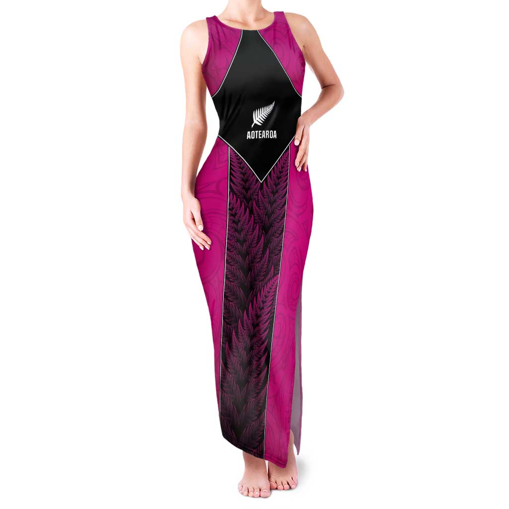 New Zealand Fern Rugby Custom Tank Maxi Dress Pink Maori Pattern