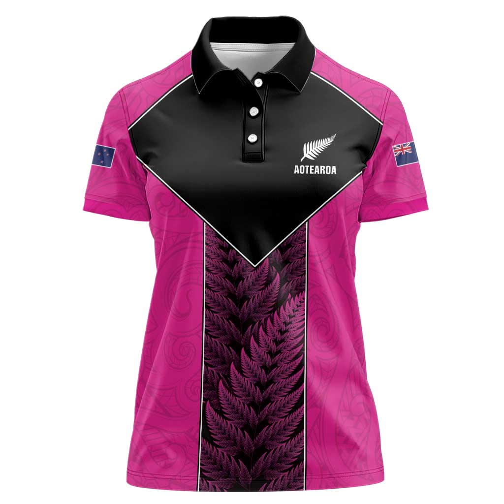 New Zealand Fern Rugby Custom Women Polo Shirt Pink Maori Pattern