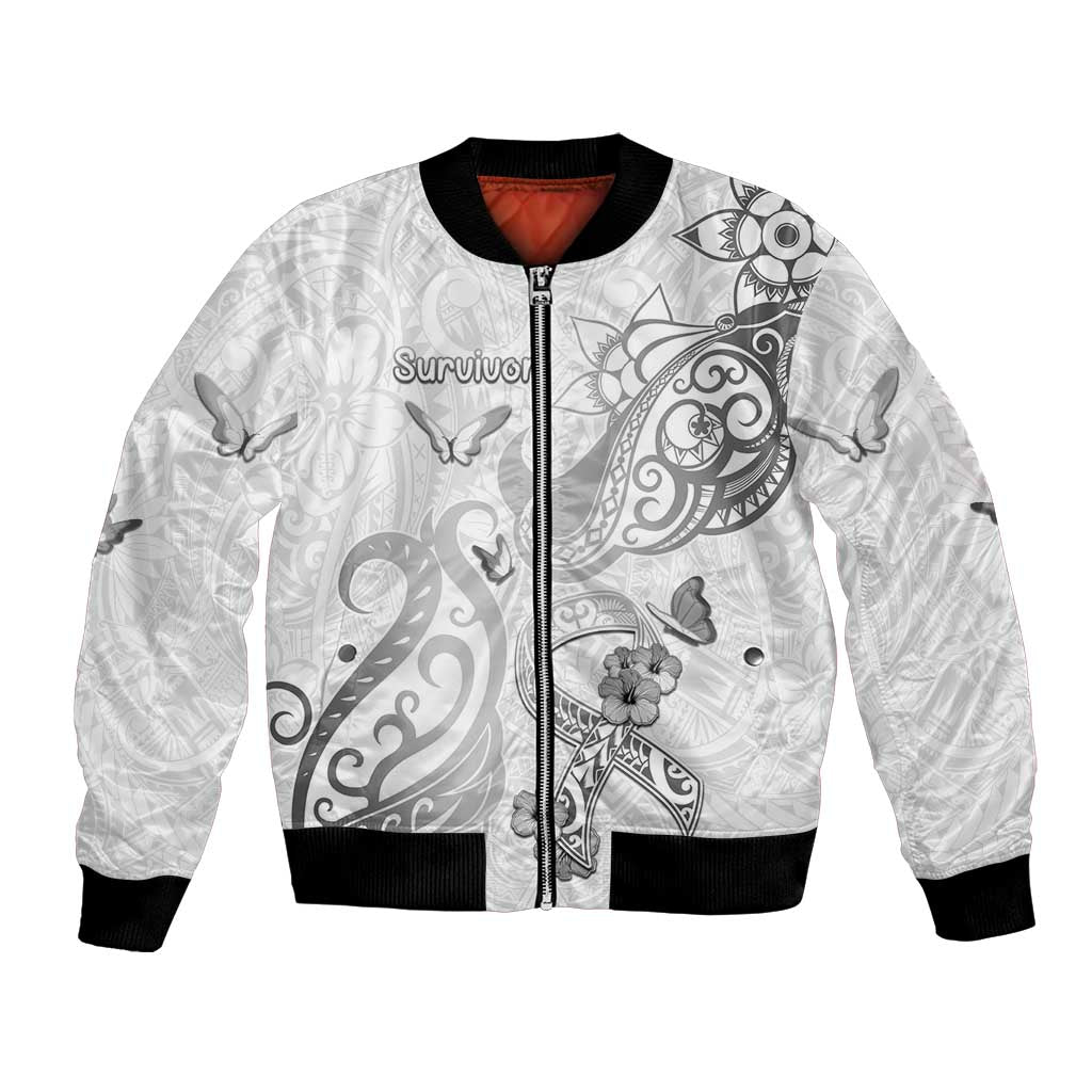 Personalised Brain Cancer Awareness Bomber Jacket Ribbon Polynesian Pattern LT05 Unisex White - Polynesian Pride