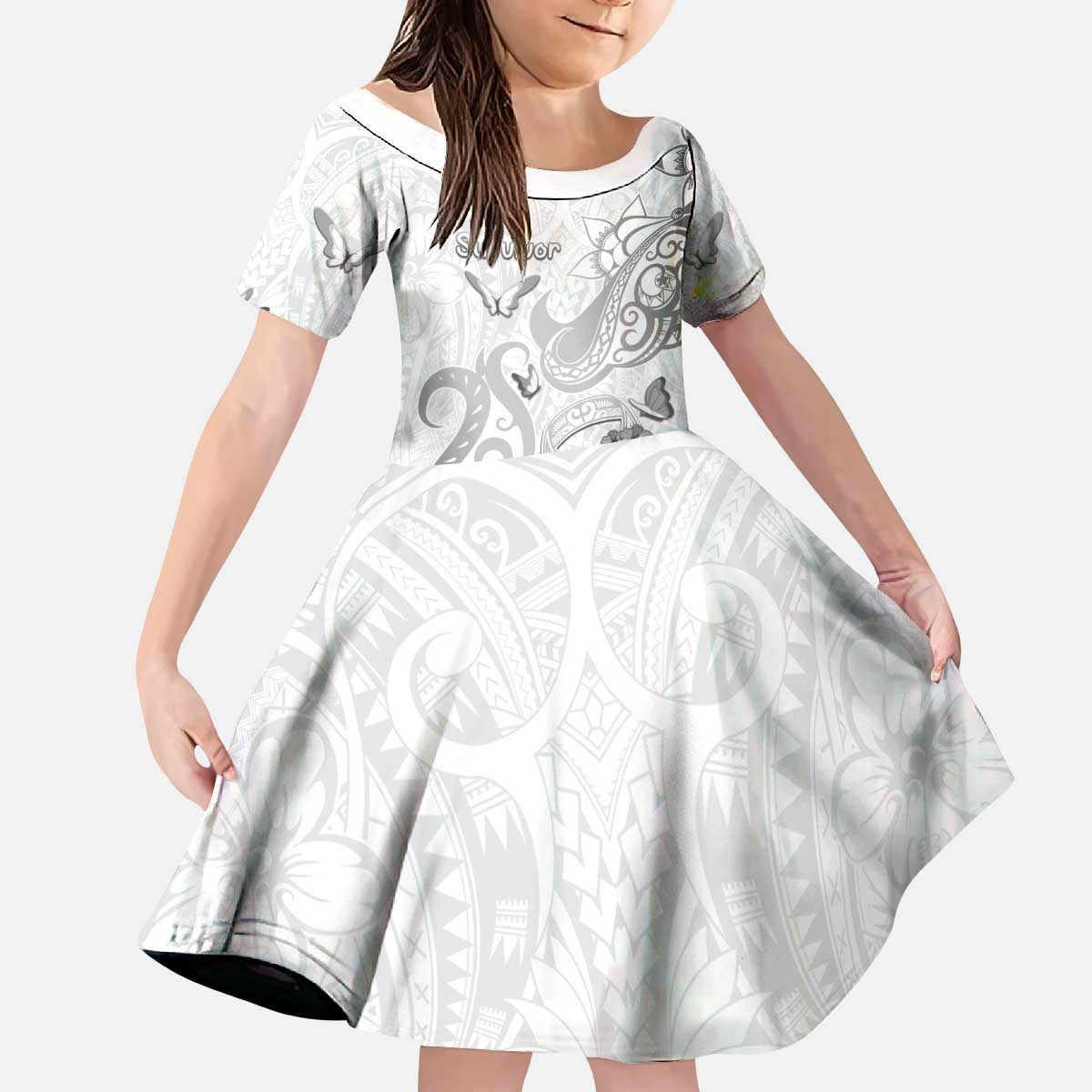 Personalised Brain Cancer Awareness Kid Short Sleeve Dress Ribbon Polynesian Pattern LT05 KID White - Polynesian Pride