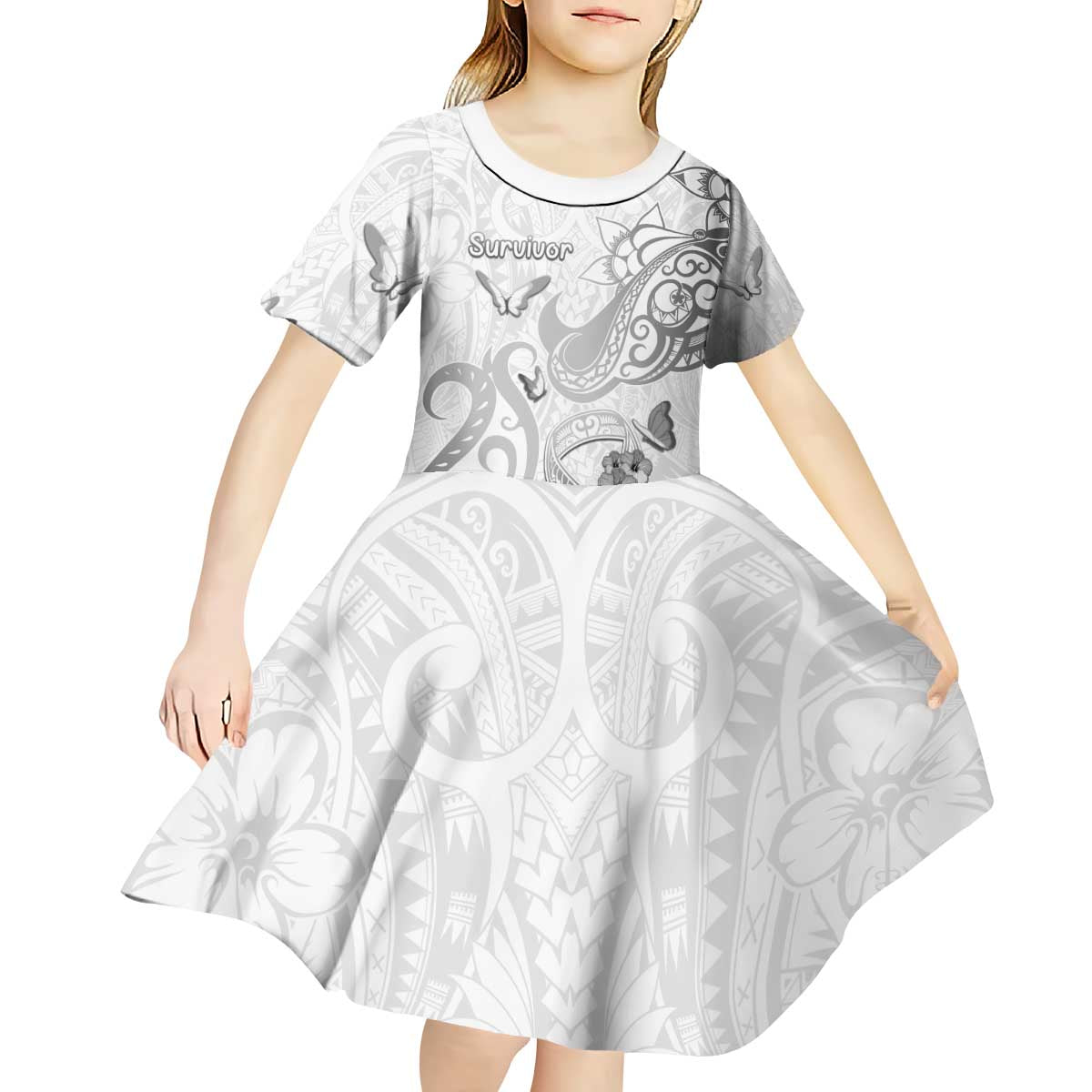 Personalised Brain Cancer Awareness Kid Short Sleeve Dress Ribbon Polynesian Pattern LT05 - Polynesian Pride