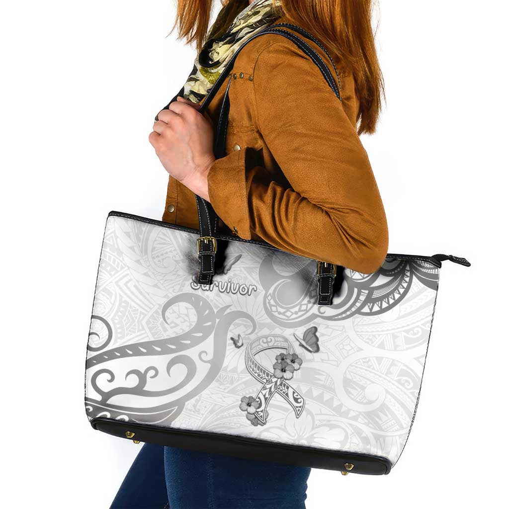 Brain Cancer Awareness Leather Tote Bag Ribbon Polynesian Pattern LT05 White - Polynesian Pride