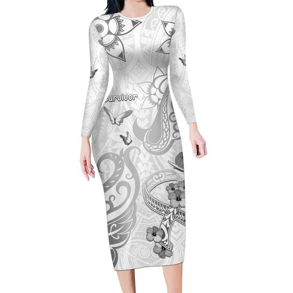 Personalised Brain Cancer Awareness Long Sleeve Bodycon Dress Ribbon Polynesian Pattern LT05 Long Dress White - Polynesian Pride