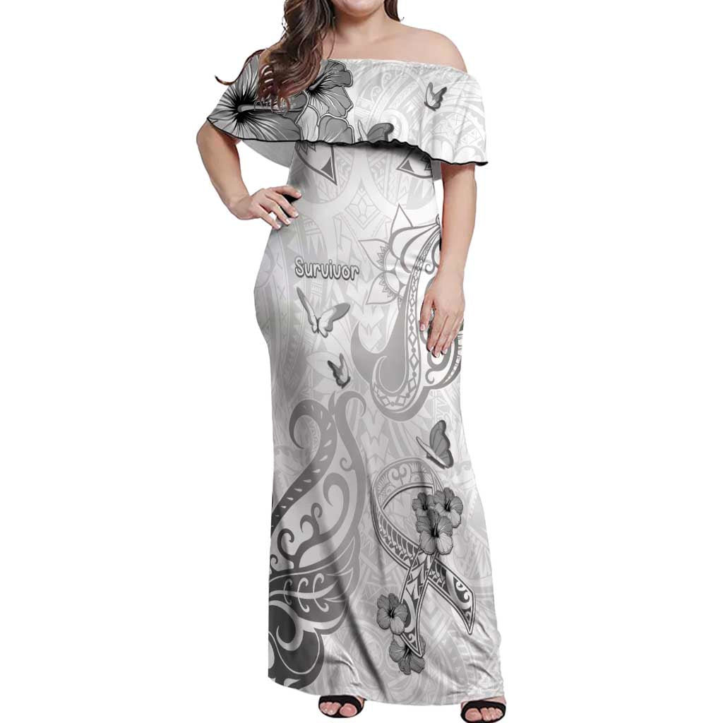 Personalised Brain Cancer Awareness Off Shoulder Maxi Dress Ribbon Polynesian Pattern LT05 Women White - Polynesian Pride