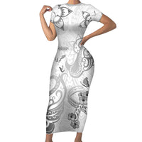 Personalised Brain Cancer Awareness Short Sleeve Bodycon Dress Ribbon Polynesian Pattern LT05 Long Dress White - Polynesian Pride