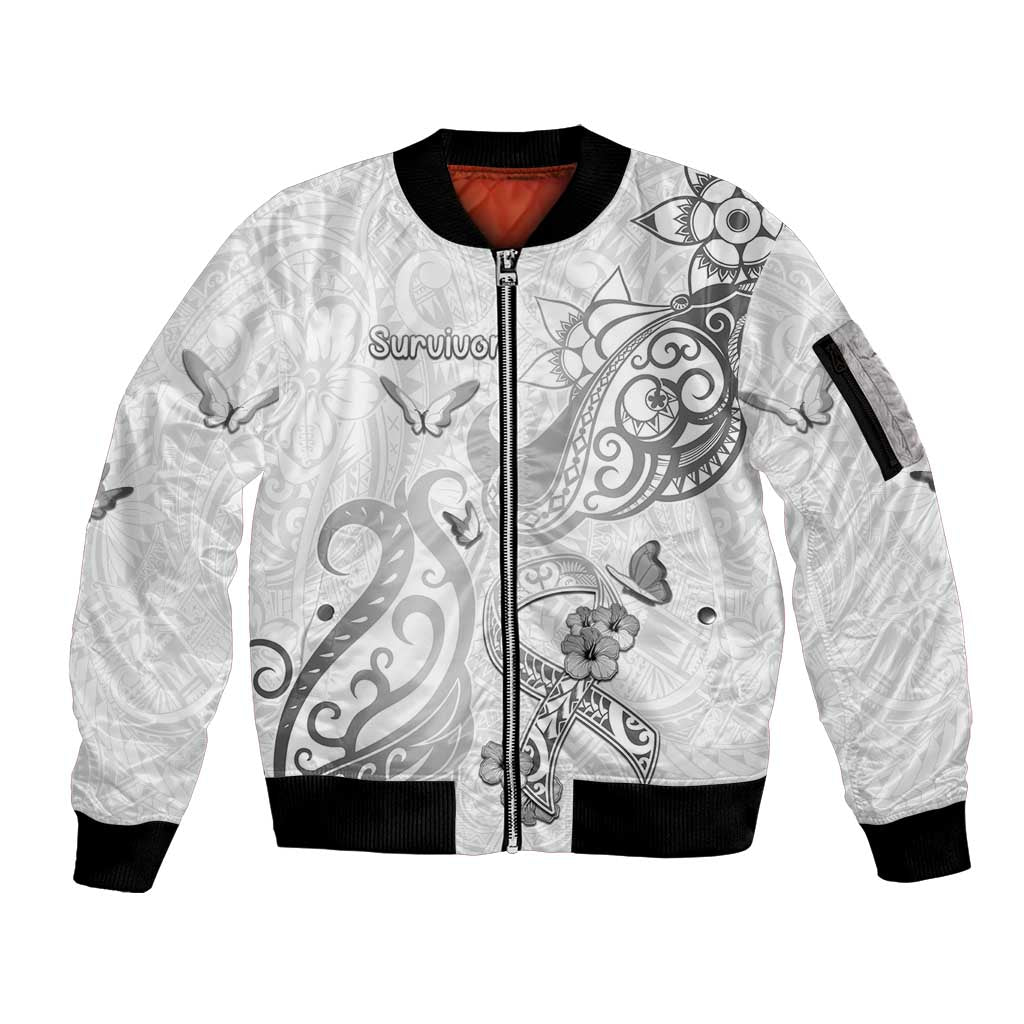 Personalised Brain Cancer Awareness Sleeve Zip Bomber Jacket Ribbon Polynesian Pattern LT05 Unisex White - Polynesian Pride
