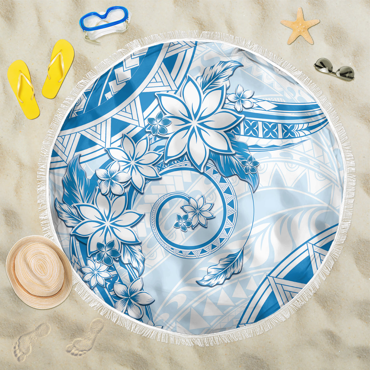 Polynesian Pattern With Plumeria Flowers Beach Blanket Blue LT05 One Size 150cm Blue - Polynesian Pride