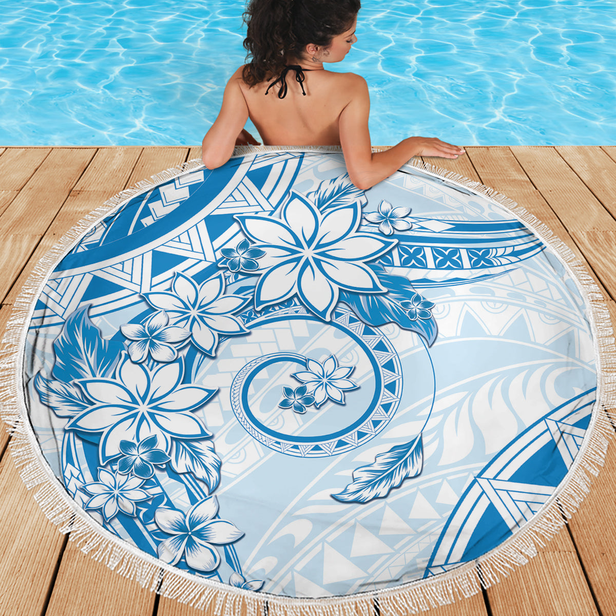 Polynesian Pattern With Plumeria Flowers Beach Blanket Blue LT05 - Polynesian Pride