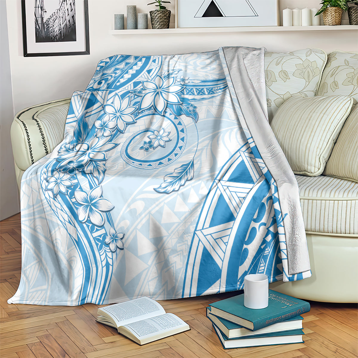 Polynesian Pattern With Plumeria Flowers Blanket Blue LT05 Blue - Polynesian Pride