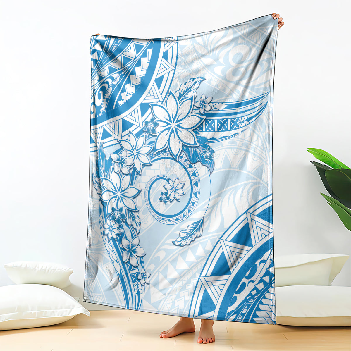 Polynesian Pattern With Plumeria Flowers Blanket Blue LT05 - Polynesian Pride