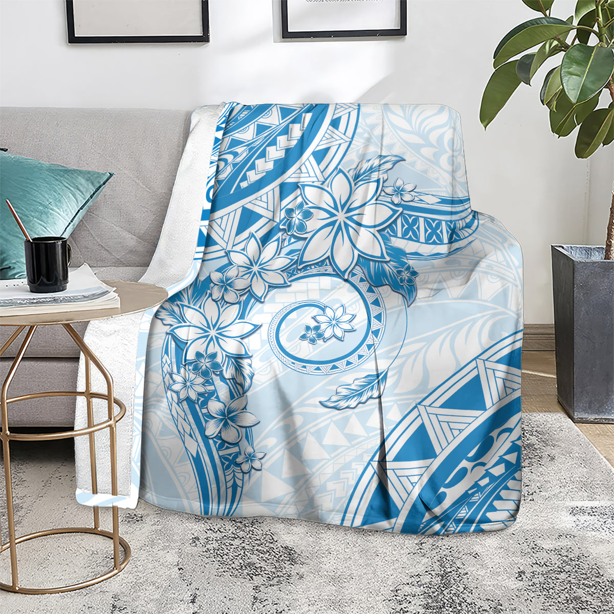 Polynesian Pattern With Plumeria Flowers Blanket Blue LT05 - Polynesian Pride