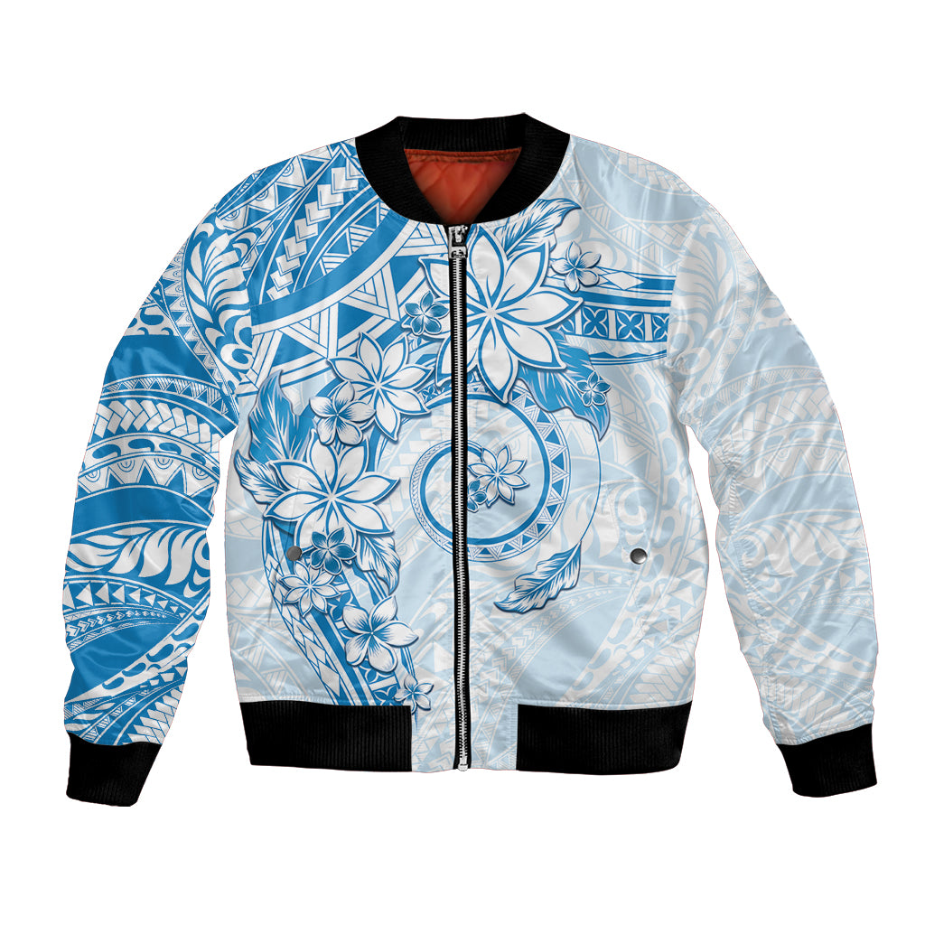 Polynesian Pattern With Plumeria Flowers Bomber Jacket Blue LT05 Unisex Blue - Polynesian Pride