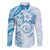 Polynesian Pattern With Plumeria Flowers Family Matching Off The Shoulder Long Sleeve Dress and Hawaiian Shirt Blue