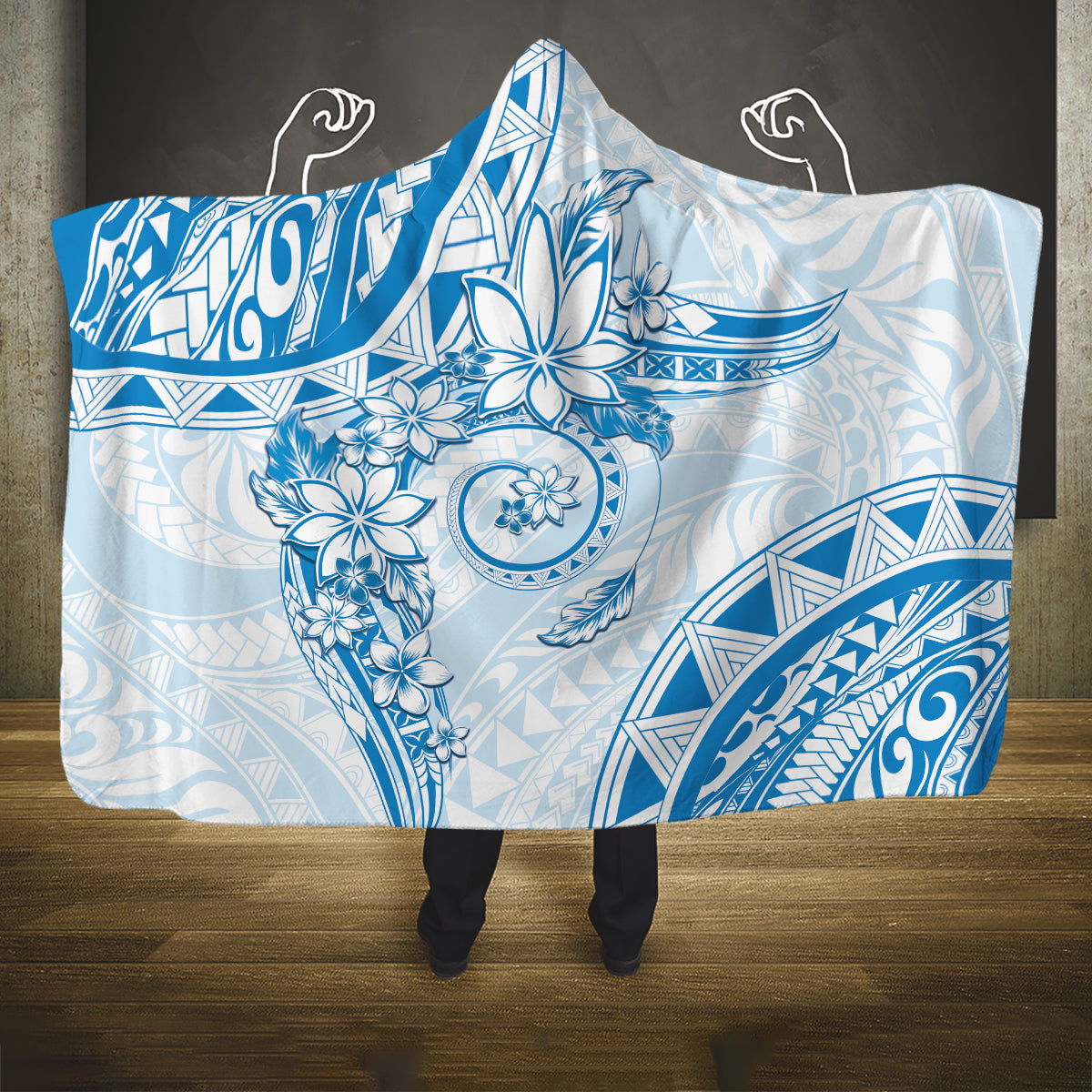 Polynesian Pattern With Plumeria Flowers Hooded Blanket Blue LT05 One Size Blue - Polynesian Pride