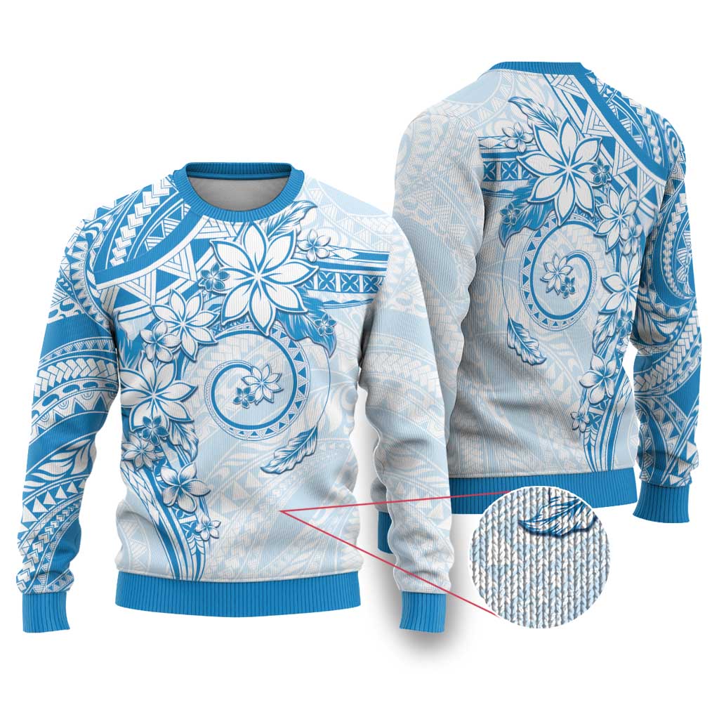 Polynesian Pattern With Plumeria Flowers Ugly Christmas Sweater Blue LT05 Blue - Polynesian Pride