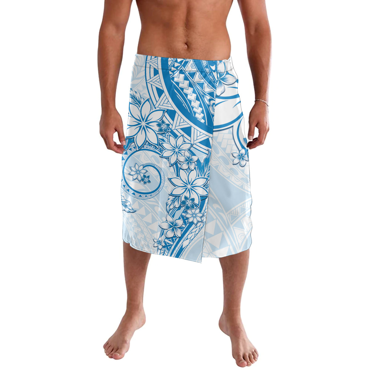 Polynesian Pattern With Plumeria Flowers Lavalava Blue