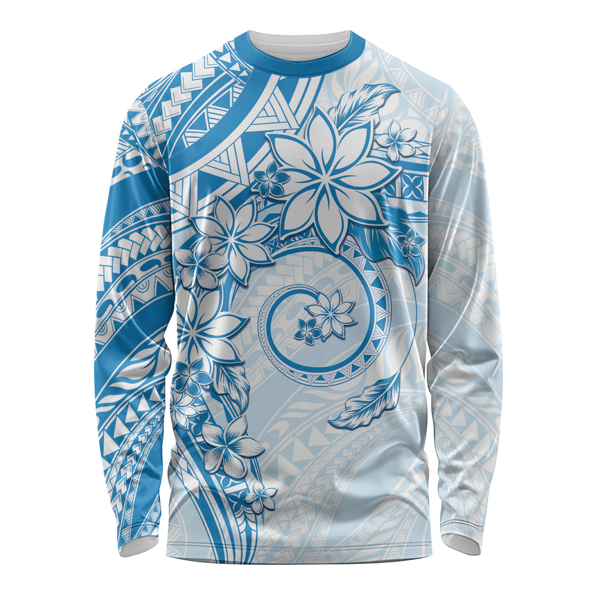 Polynesian Pattern With Plumeria Flowers Long Sleeve Shirt Blue LT05 Unisex Blue - Polynesian Pride