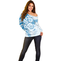 Polynesian Pattern With Plumeria Flowers Off Shoulder Sweater Blue LT05 - Polynesian Pride