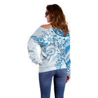 Polynesian Pattern With Plumeria Flowers Off Shoulder Sweater Blue LT05 - Polynesian Pride