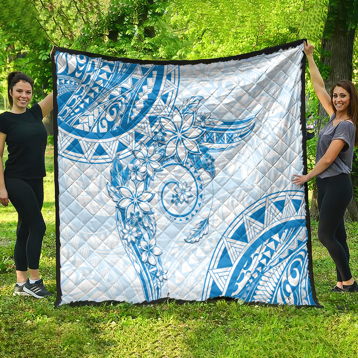 Polynesian Pattern With Plumeria Flowers Quilt Blue LT05 - Polynesian Pride