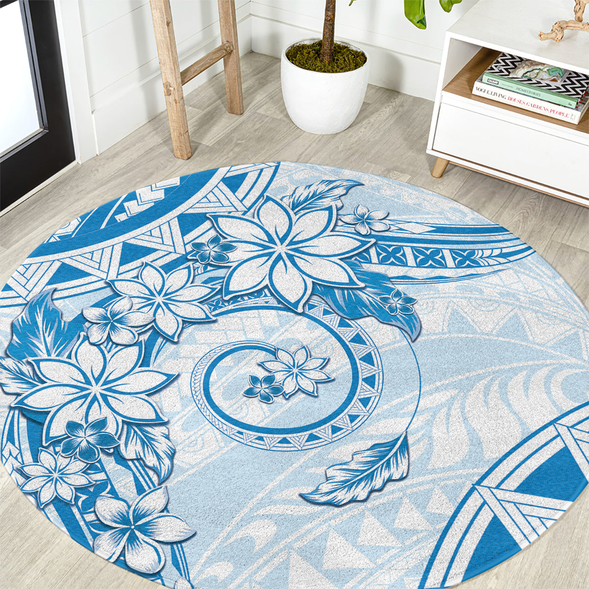 Polynesian Pattern With Plumeria Flowers Round Carpet Blue LT05 Blue - Polynesian Pride