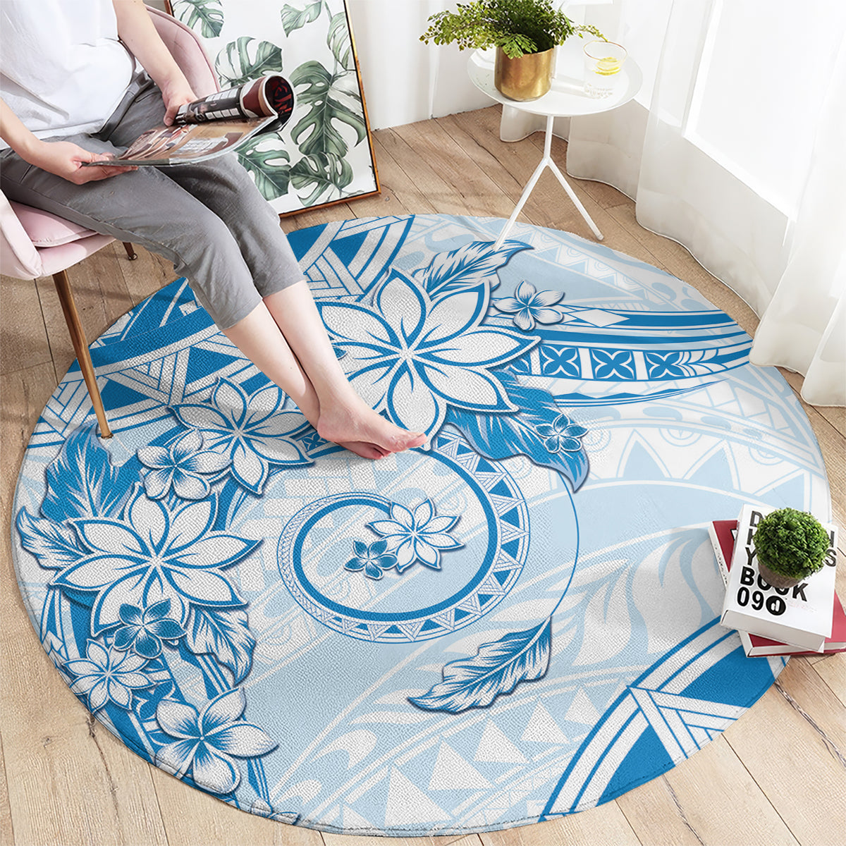 Polynesian Pattern With Plumeria Flowers Round Carpet Blue LT05 - Polynesian Pride