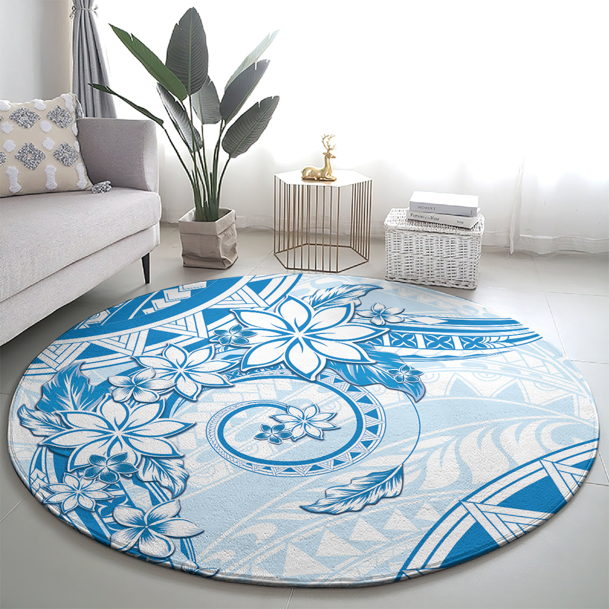Polynesian Pattern With Plumeria Flowers Round Carpet Blue LT05 - Polynesian Pride