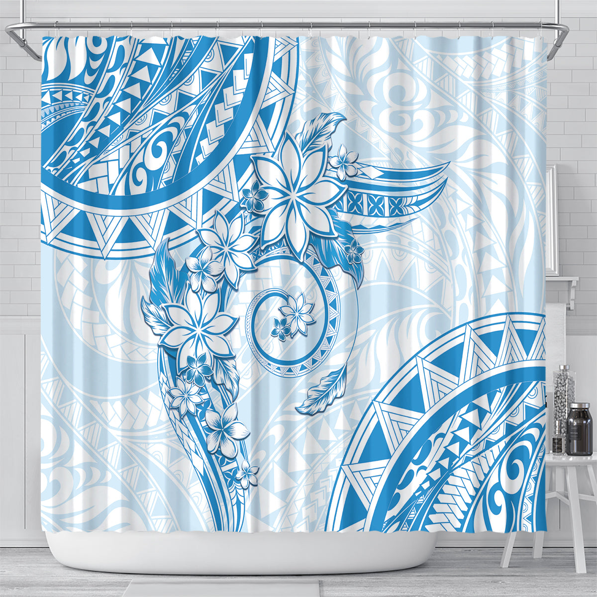 Polynesian Pattern With Plumeria Flowers Shower Curtain Blue LT05 - Polynesian Pride