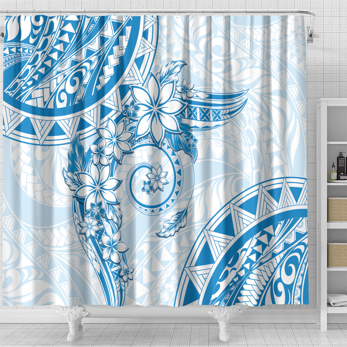 Polynesian Pattern With Plumeria Flowers Shower Curtain Blue LT05 - Polynesian Pride