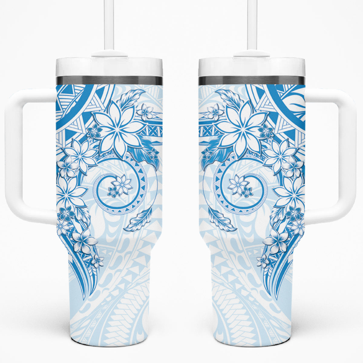 Blue Polynesian Pattern With Plumeria Flowers Tumbler With Handle LT05 One Size: 40 oz Blue - Polynesian Pride