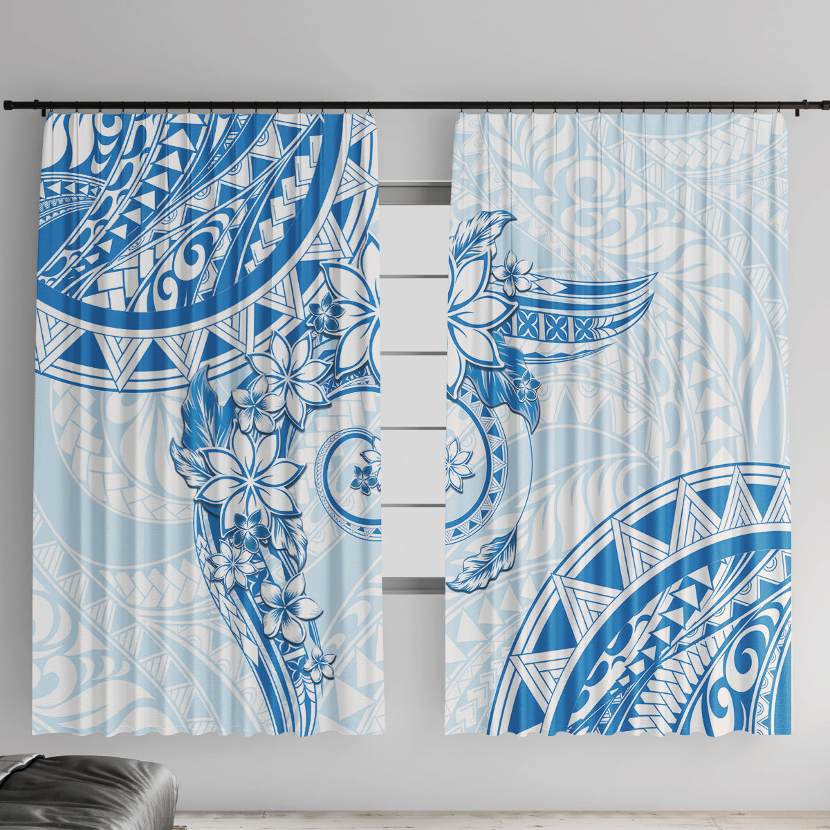 Polynesian Pattern With Plumeria Flowers Window Curtain Blue LT05 With Hooks Blue - Polynesian Pride