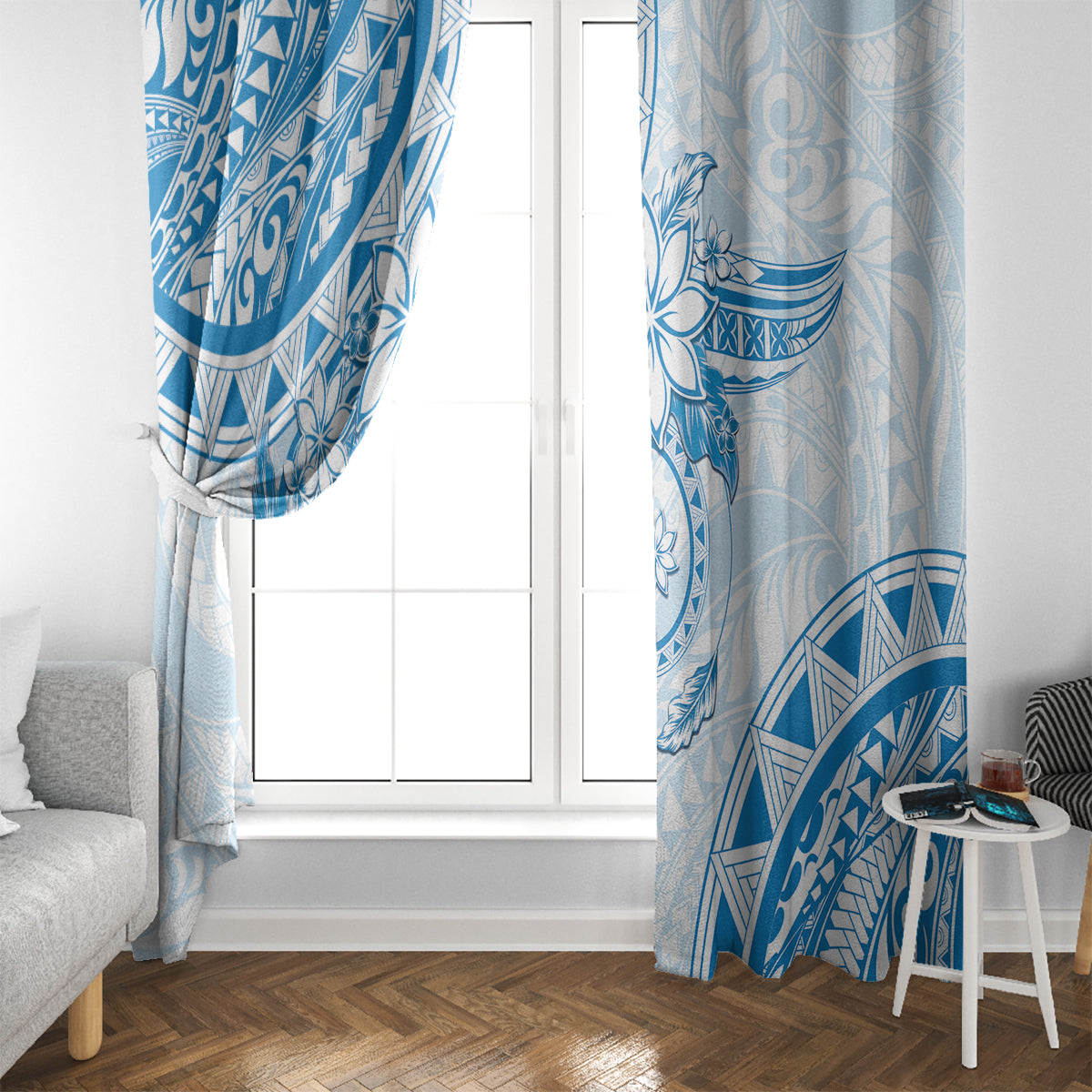 Polynesian Pattern With Plumeria Flowers Window Curtain Blue LT05 - Polynesian Pride