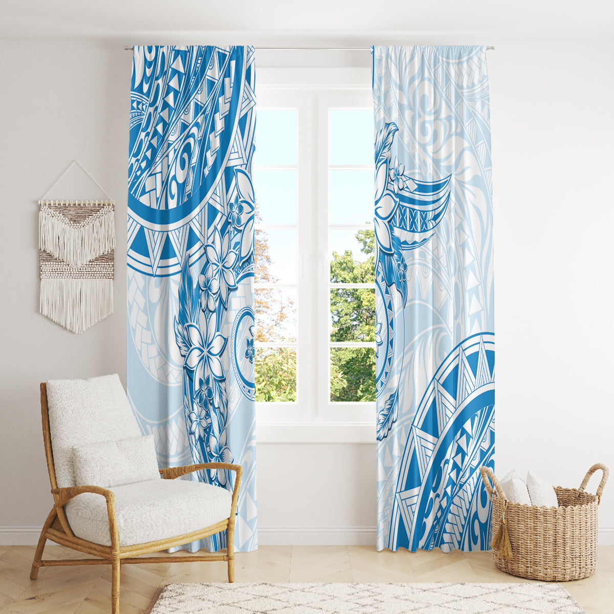 Polynesian Pattern With Plumeria Flowers Window Curtain Blue LT05 - Polynesian Pride