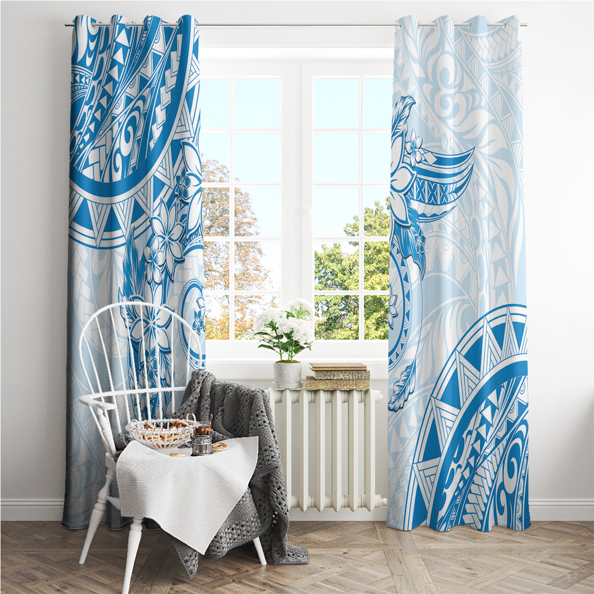 Polynesian Pattern With Plumeria Flowers Window Curtain Blue LT05 - Polynesian Pride