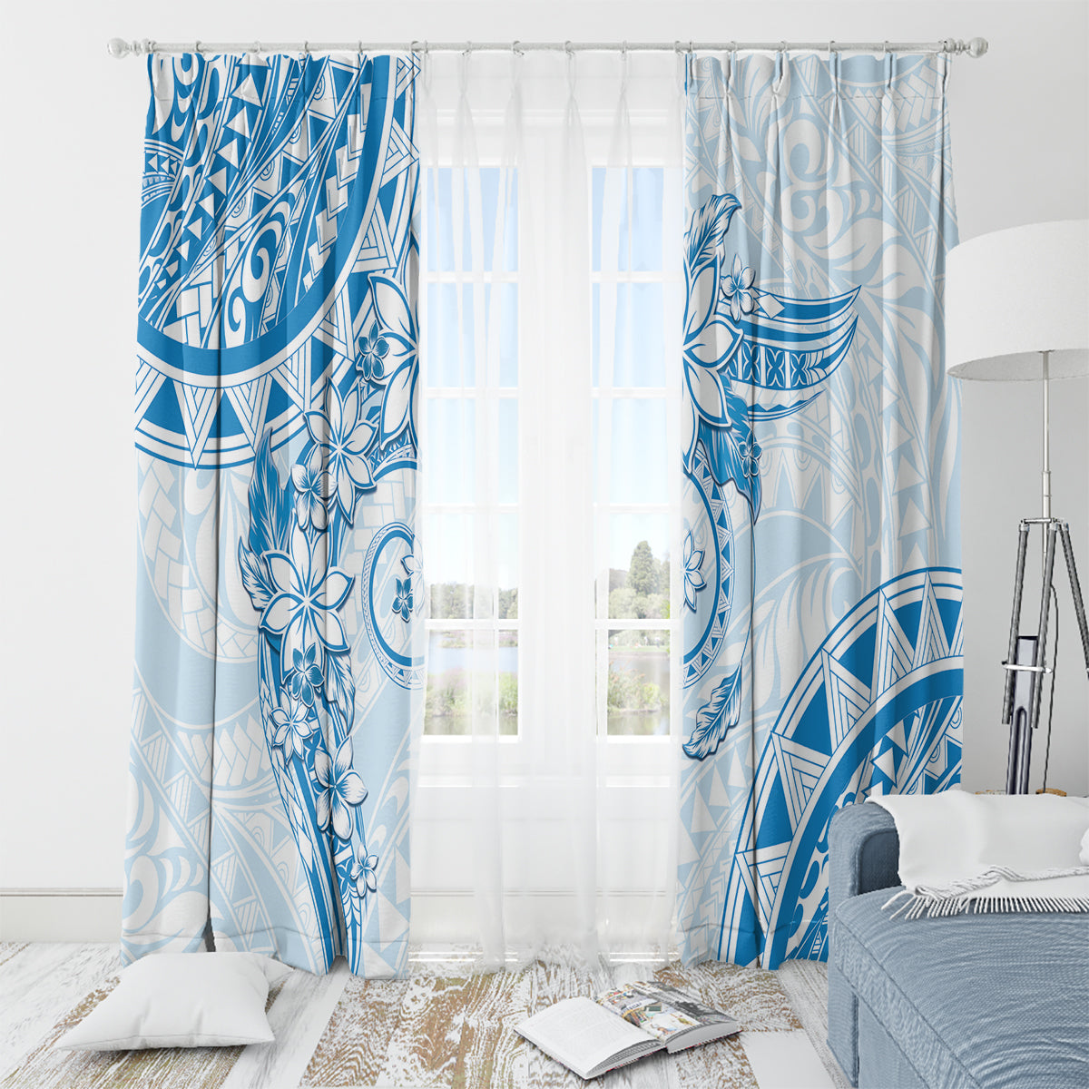 Polynesian Pattern With Plumeria Flowers Window Curtain Blue LT05 - Polynesian Pride