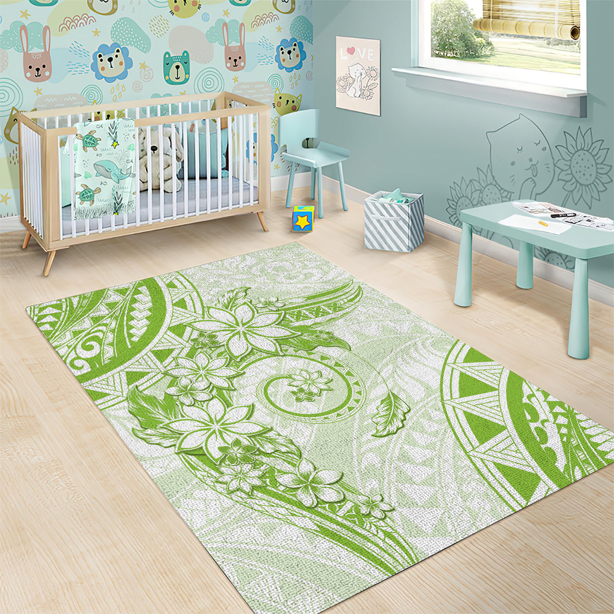 Polynesian Pattern With Plumeria Flowers Area Rug Lime Green LT05 - Polynesian Pride